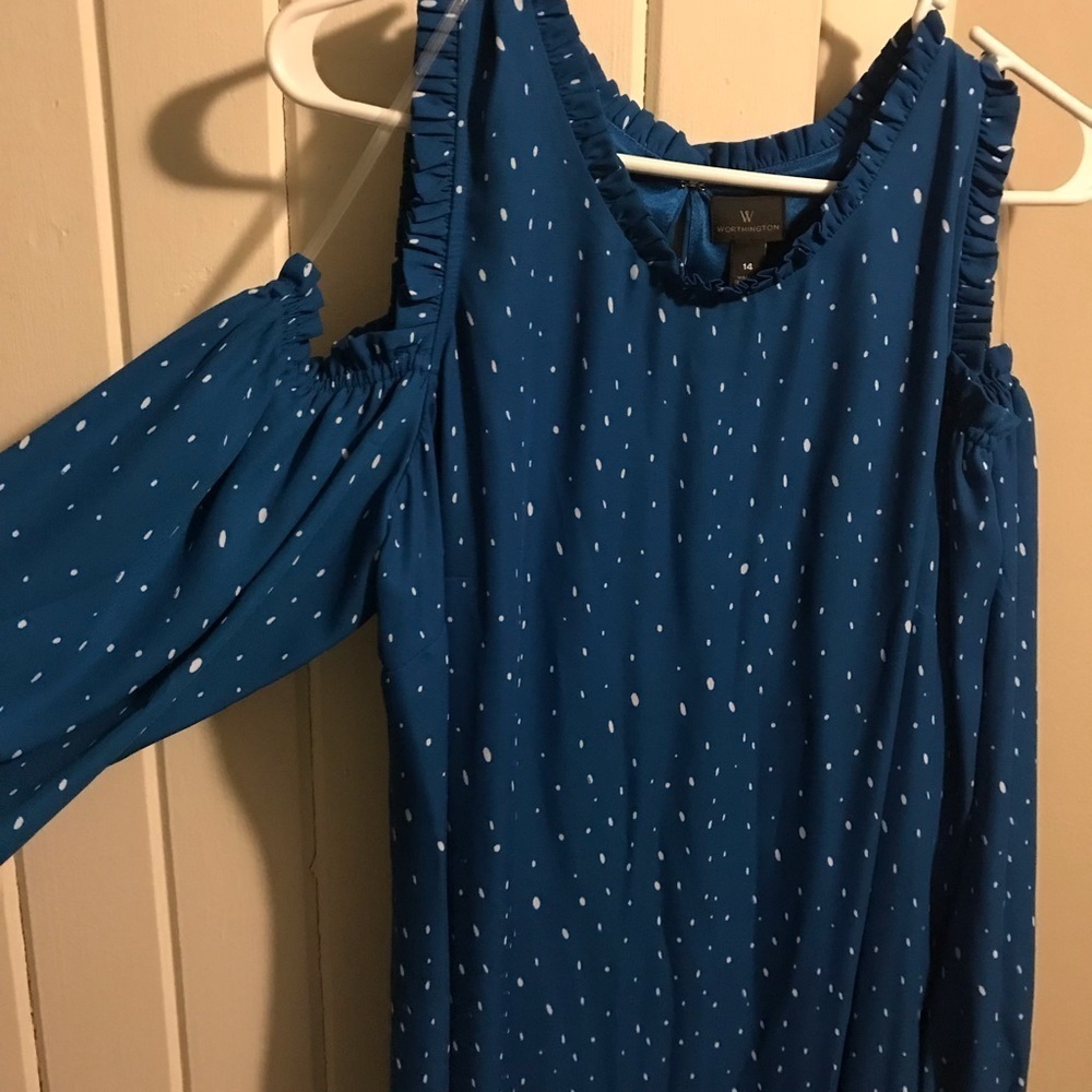 Cold shoulder blue dress with white polka dots